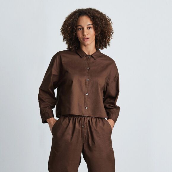EVERLANE The Woven PJ Top S Chestnut Brown Button Up Cropped Boxy Shirt NWT B58 - Picture 1 of 6